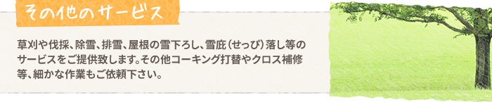 【その他のサービス】草刈や伐採、除雪、排雪、屋根の雪下ろし、雪庇（せっぴ）落し等のサービスをご提供致します。その他コーキング打替やクロス補修等、細かな作業もご依頼下さい。