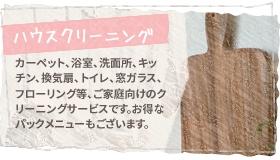 【ハウスクリーニング】カーペット、浴室、洗面所、キッチン、換気扇、トイレ、窓ガラス、フローリング等、ご家庭向けのクリーニングサービスです。お得なパックメニューもございます。